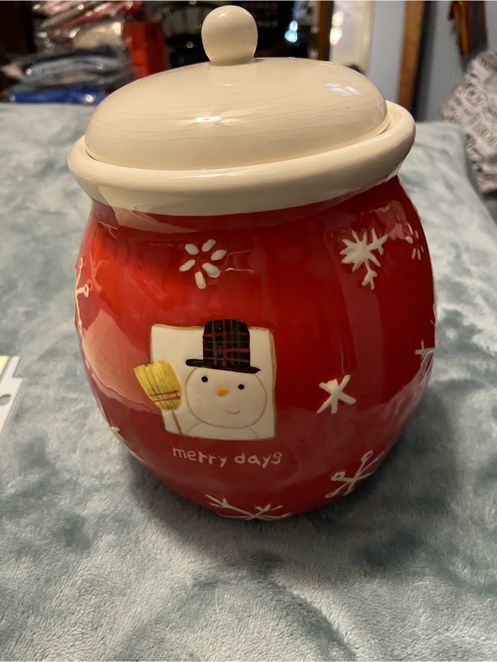 Hallmark Red Snowman Cookie Jar with Cream Lid